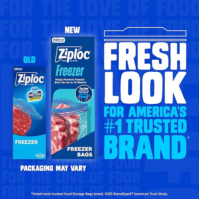 Ziploc 2 Gallon Food Storage Freezer Bags, Grip 'n Seal Technology for Easier Grip, Open, and Close, 10 Count (Packaging May Vary)