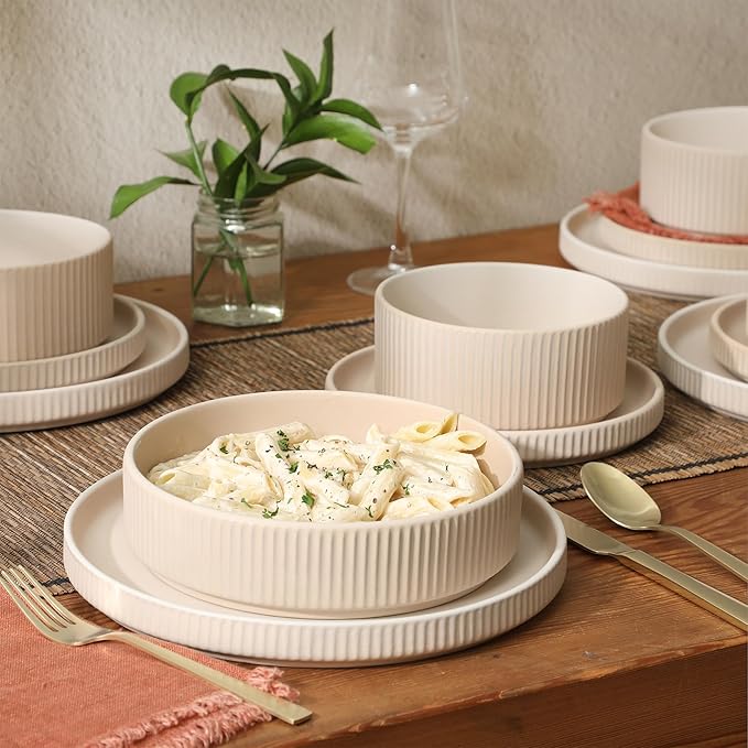 Gibson Elite Deerfield 16-Piece Stoneware Dinnerware Set ??Cream White Reactive Glaze Plates and Bowls, Stackable Design, Service for 4 ??Dishwasher & Microwave Safe