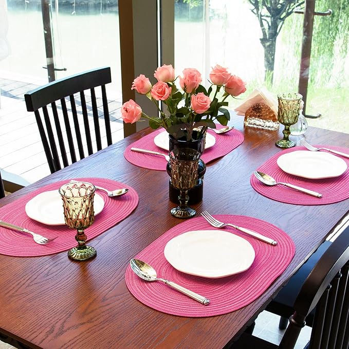 Noctiflorous Oval Braided Placemats Set of 6 Woven 12x18 Inch Non Slip Washable Heat Resistant Place Mats Tablemats for Dining Kitchen Party Daily Table Decor Dinner Mats (Hot Pink, 6)