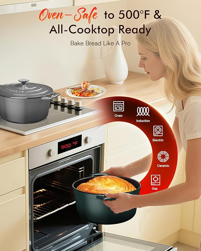 Nuwave 6QT Healthy Enameled Cast Iron Dutch Oven Pot with Lid, Heavy Duty 7-Layer Enamel, Enhanced Rust Protection, Dual Handles, Oven Safe to 500째F for Sourdough Bread Baking, Braise, Stew, Roast