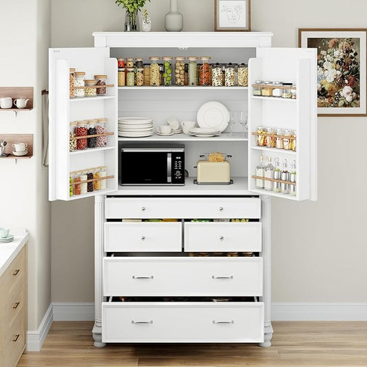 Merax 77" Tall Large Kitchen Pantry Storage Cabinet with 2 Doors & 2 Adjustable Shelves & 5 Drawers & 6 Side Door Shelves, Modern Freestanding Food Pantry for Dining Room, Living Room, White