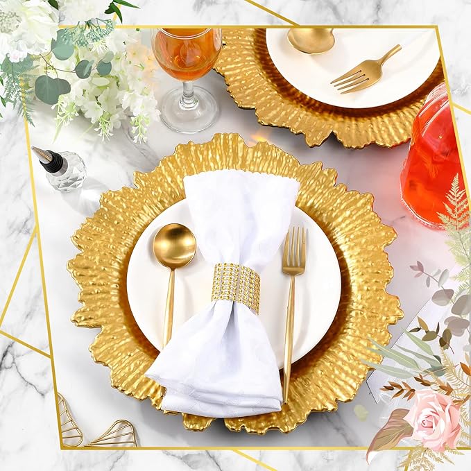 Tanlade 100 Pcs Reef Charger Plates Bulk 13 Inch Plastic Wedding Chargers Floral Decorative Plates with Metallic Ruffled Rim for Wedding Party, Holiday Event Supplies(Gold)
