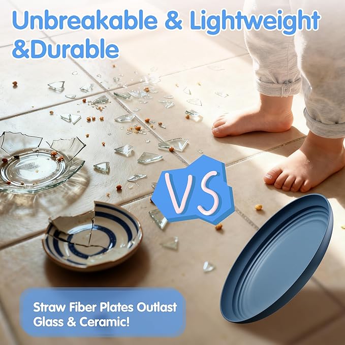 Quatish 10 PCS Unbreakable Reusable Plastic Plates,8 inch Dishwasher & Microwave Safe Dinner Plate, Easy-to-Clean Lightweight,Portable for Kitchen & Picnics Wheat Straw Plates（Blue）