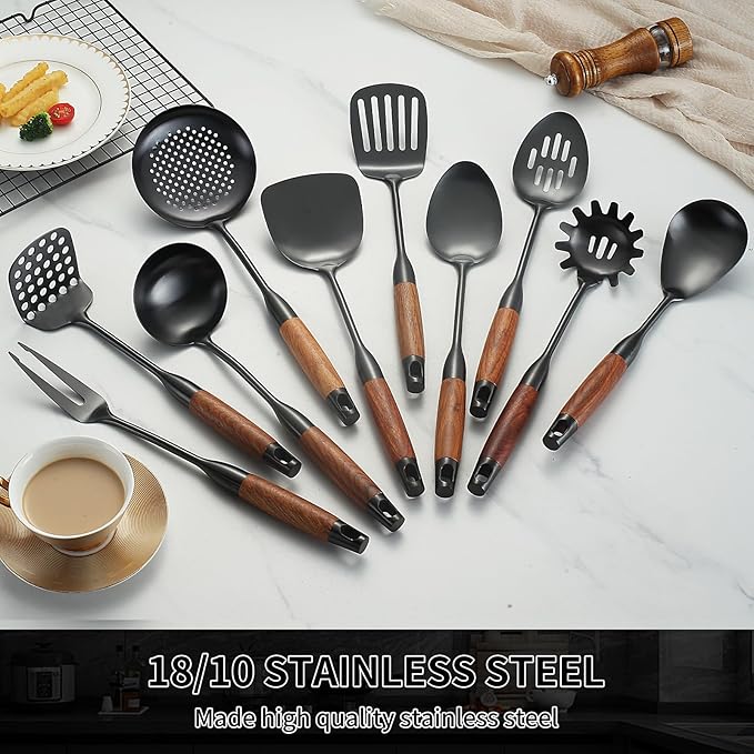 Stainless Steel Kitchen Utensils Set with Wood Handle, 18/10 Metal Cooking Utensils Set, 10 Piece - Spatula, Spoon, Ladle, Skimmer, Slotted Turners, Pasta,Turner, Ladl, Fork