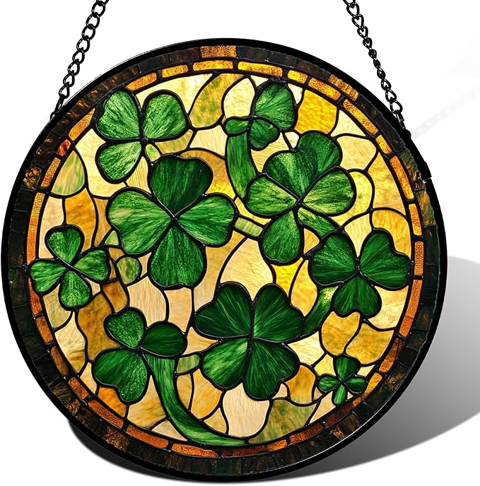 Stained Glass Window Hanging Green Retro Lucky Clover Large 15" - Suncatcher Door Garden Sun Catcher Ireland Decor Birthday Mother's St. Ripack's Day Gift for Woman Mom Men Friend Nana Wife