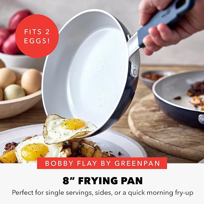 GreenPan x Bobby Flay 8" Nonstick Frying Pan Skillet, PFAS-Free Diamond Ceramic, Induction Suitable, Stay-Cool Silicone Handle, Easy Clean Dishwasher & Oven Safe, Egg & Omelet Pan, Oxford Blue