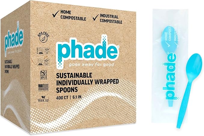 phade 100% Compostable Spoons ??BPI Certified Wrapped Cutlery in Compostable Packaging, 400 Bulk Count, 6.1 Inch Sustainable Disposable Utensils for Home, Events, Takeout ??Made in USA