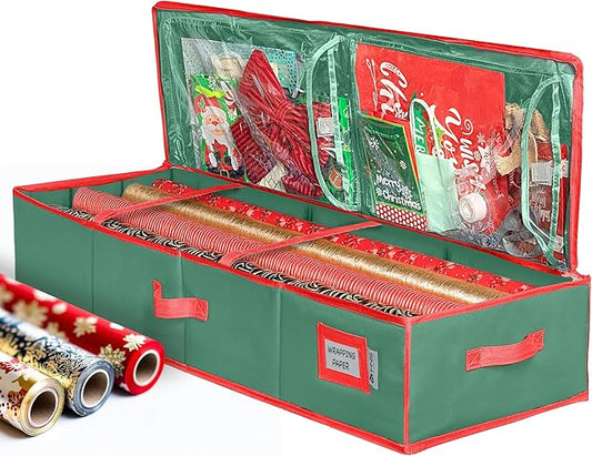 HOLDN??STORAGE Premium Wrapping Paper Storage Container - Durable 600D Tear-Proof, Fits 27 Rolls Gift Wrap, Extra Pockets for Ribbons & Bows, Underbed Storage - Ideal for Holiday Christmas, Green