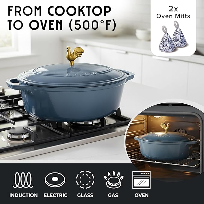 MUELLER HOME 5.5 Quart Enameled Cast Iron Oval Dutch Oven w Rooster Knob & Cotton Potholders, Heavy-Duty Cookware, Oven-Safe up to 500째 F & Across All Cooktops, Gifts for Grandma & Women, Mineral Blue