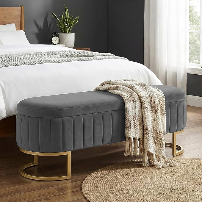 VIROL 51 Inch Storage Ottoman Bench Velvet End of Bed Storage Bench King Size Upholstered Tufted Bench Large Space for Bedroom Living Room Entryway Light Grey