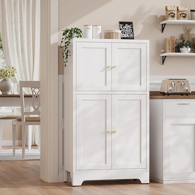 43" H Metal White Pantry Cabinets with Doors,Small Kitchen Pantry Cabinet,Small Storage Cabinets,Food Pantry Cabinet with 4 Doors and Shelves for Kitchen and Dining Room