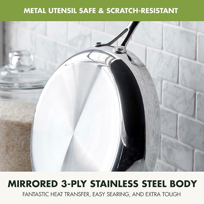 GreenPan Valencia Pro Stainless Steel 8??Frying Pan Skillet, Induction Suitable Mirrored Tri-Ply, Ceramic Nonstick PFAS-Free, Multi Clad Cookware, Dishwasher Oven & Broiler Safe