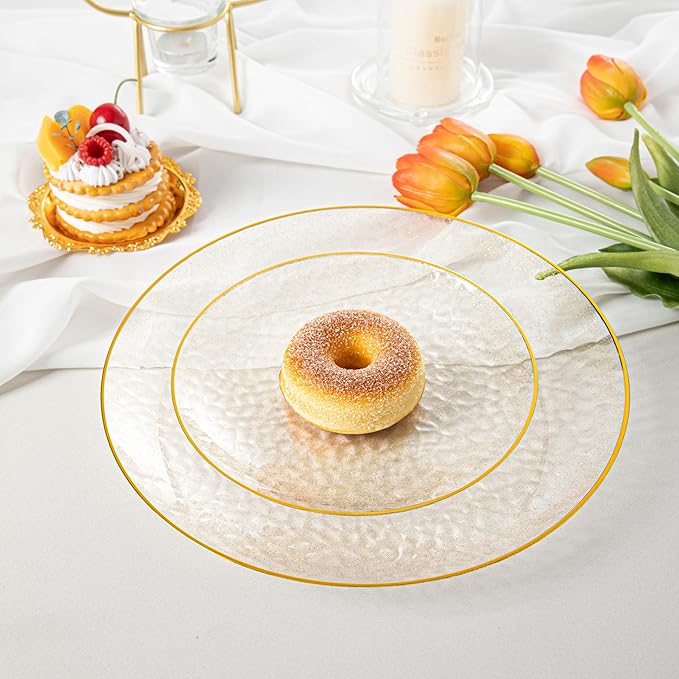 Lullaby 100PCS Clear Plastic Plates with Gold Rim, Includes 50pcs Dinner Plate 10??and 50pcs Dessert Plate 7?? Disposable Heavyduty Plates for Birthdays, Parties and Wedding