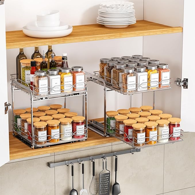 Pull Out Spice Rack, 2 Tier Spice Organization for Cabinet, Heavy Duty Spice Rack, 9-1/4 inch Wide - Spice Racks for Inside Cabinets, Kitchen, Pantry - Chrome, 9.25?쓂 x 10.39?쒭 x 9.76?쒱