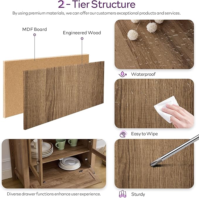 TYBOATLE 75'' Tall Arched Pantry Cabinet w/Accessible Storage Area, China Cabinet w/Anti-Tipping Device and Innovative Drawer, Versatile Cupboard for Kitchen, Dining (Natural)