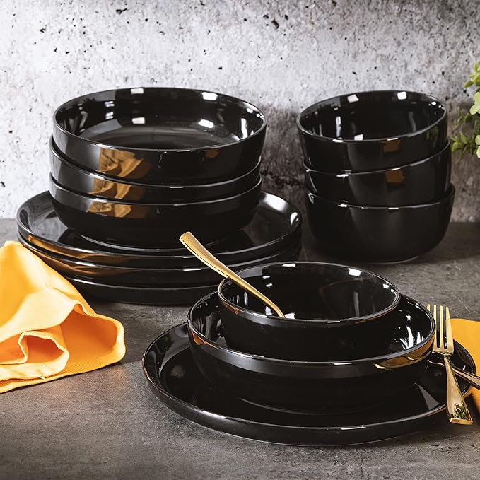 Gibson Home Oslo 12-Piece Porcelain Chip and Scratch Resistant Dinnerware Set, Service for 4 ??Black Plates and Bowls, Microwave & Dishwasher Safe