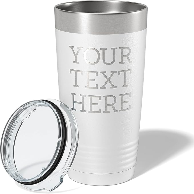 Personalized 20oz (17 Colors) Powder Coated Insulated Stainless Steel Tumbler with Lid, Custom Etched, Customized Text Message Name, Engraved Gift Idea Women Men Him Her, Your Text Here (White)