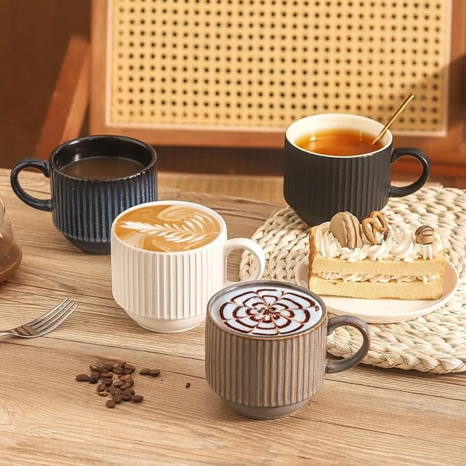 glowworm Coffee Mugs with Stand, Stackable Coffee Mugs Set of 4, Wedding Housewarming Gift, Modren Ceramic Cups for Milk, Cocoa, Microwave & Dishwasher Safe, Multicolor