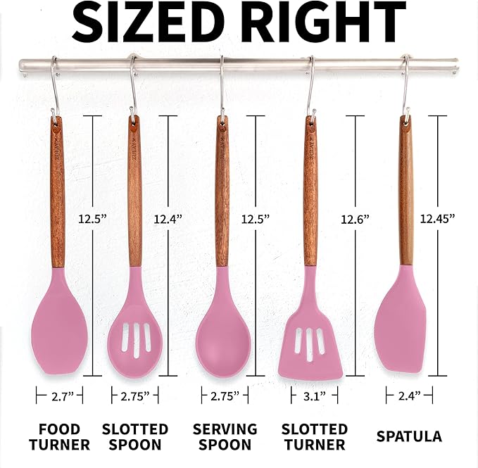 Zulay Kitchen Non-Stick Cooking Utensils Set with Authentic Acacia Wood Handles ??5-Piece Durable & Stylish Silicone Kitchen Utensils Set ??Heat Resistant to 464째F ??Pink