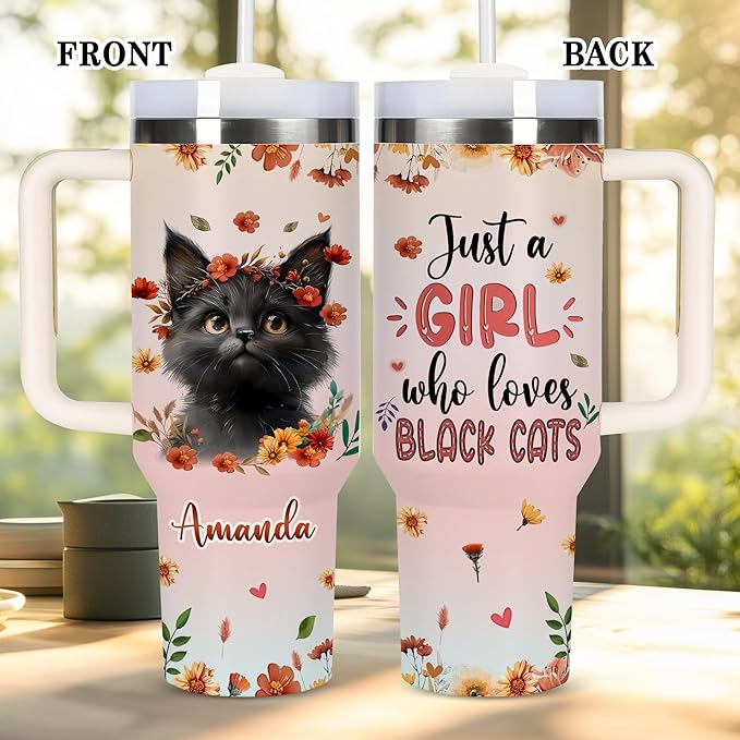 AGGLOMEKC Personalized Cute Cat Cup - Mother's Day Birthday Gift For Animal Lovers - Just A Girl Who Loves Cat Tumbler 40oz With Custom Name - Pet Lover Gifts For Women, Her