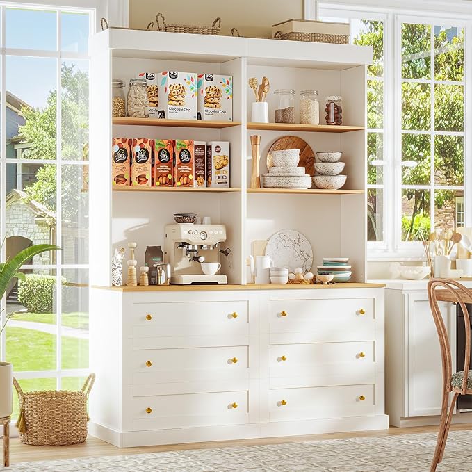 71" Tall Farmhouse Kitchen Pantry, Large Storage Cabinet with Drawers, Freestanding Coffee Bar Hutch with Microwave Stand, Adjustable Shelves for Kitchen, Living Room, White 4 Pcs