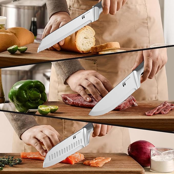 Knife Set, Knife Block Set Stainless Steel, Premium Knives Set For Kitchen, 14 Pieces Knife Set with Block, Dishwasher Safe, Ergonomic Handle, Natural Wooden Block, Gifts For Women