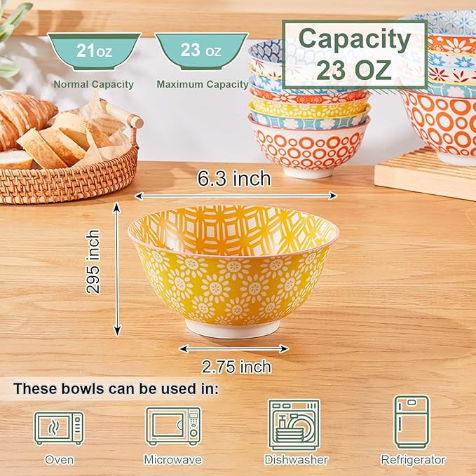 AntoKueh 23 OZ Colorful Large Ceramic Bowl Set of 6 6 inch Deep Porcelain Cereal Bowls for Salad, Soup, Snack and Rice竊똃ishwasher/Microwave safe