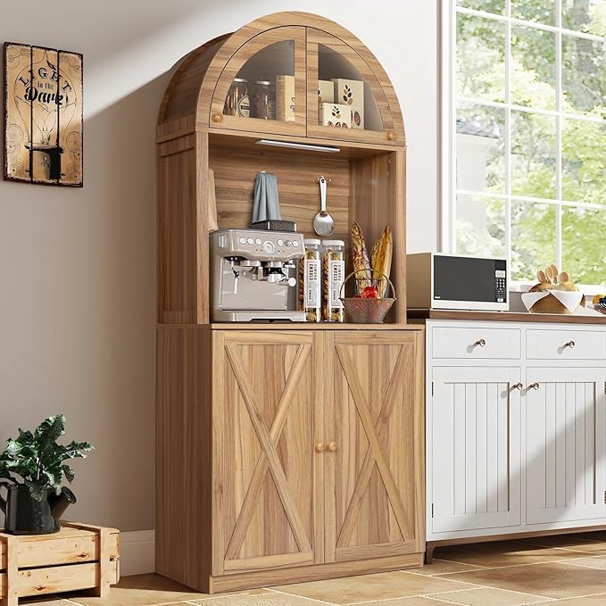 71" Tall Arched Kitchen Pantry Cabinet, Farmhouse Storage Cabinet with LED Light, Adjustable Shelves & Glass Door, Versatile Cupboard for Kitchen, Dining Room, Bathroom