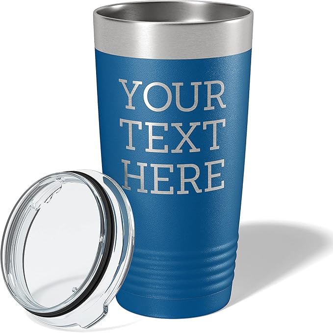 Personalized 20oz (17 Colors) Powder Coated Insulated Stainless Steel Tumbler with Lid, Custom Etched, Customized Text Message Name, Engraved Gift Idea Women Men Him Her, Your Text Here (Royal Blue)