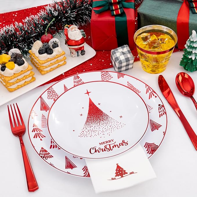 Nervure 175PCS Christmas Plastic Plates - White and Red Disposable Plates - Xmas Tree Plates Include 25Dinner Plate, 25Dessert Plate, 75Silverware, 25Cups, 25 Napkins for Christmas Party