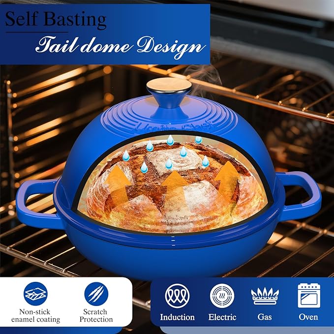 Enamelled Cast Iron Dutch Oven Pot ??Dutch Oven Pot with Lid For Sourdough Bread Baking ??Cast Iron Bread Oven ??Dark Blue, Umite Chef 6QT Pot with Lid & Cotton Potholders