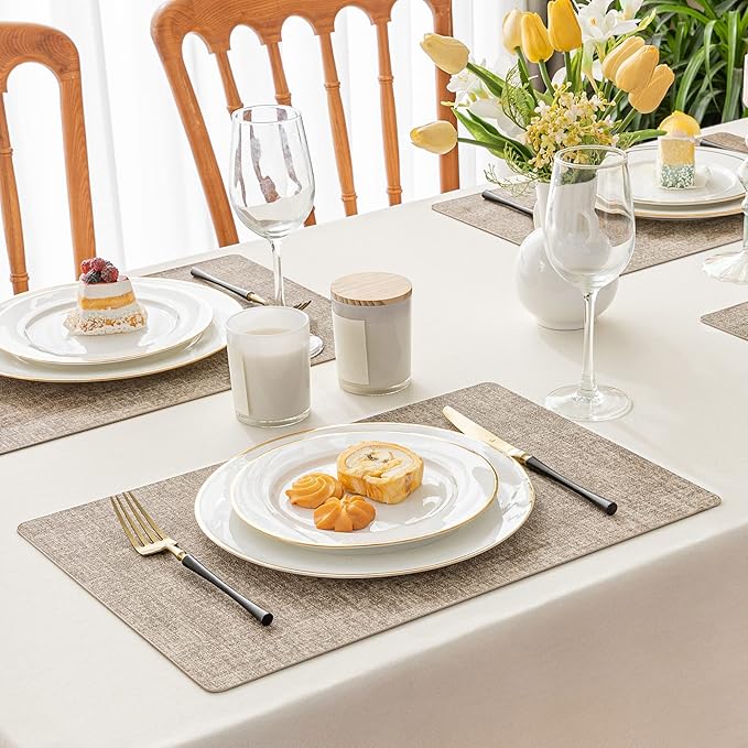 Romanstile Vinyl Placemats Set of 4-12 X 17 Inch - Heat Resistant Place Mats 100% Waterproof Oilproof Wipeable Reversible Faux Leather Table Mats for Kitchen, Dining, Party, Outdoor, Khaki