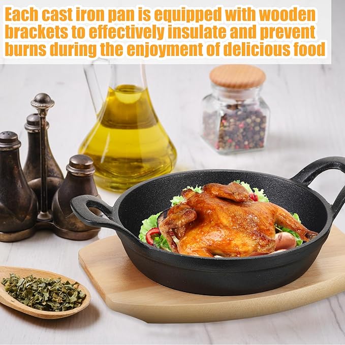Sliner 4 Sets Mini Cast Iron Skillet Small Cast Iron Plates Skillet with Wooden Base Small Round Pan Fajita Plate Pot for Baking Cooking(7.1 Inches)
