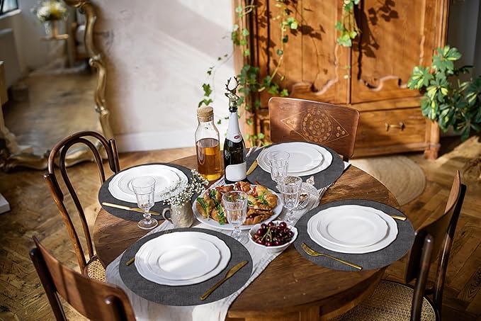 homing Round Faux Leather Placemat and Coaster 4 Packs, Washable Heat Resistant Dining Place Mats, Wipeable Double-Sided Table Mats for Indoor and Outdoor, Diameter 13 and 3.93 inch, Charcoal