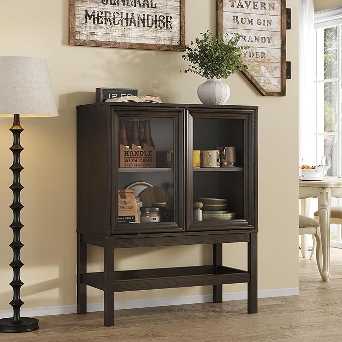 Sideboard Buffet Cabinet with Storage, Small Kitchen Coffee Wine Bar Cabinet with Glass Press-to-Open Doors, Wood Mid Century Modern Side Board Table for Dining Room, Living Room
