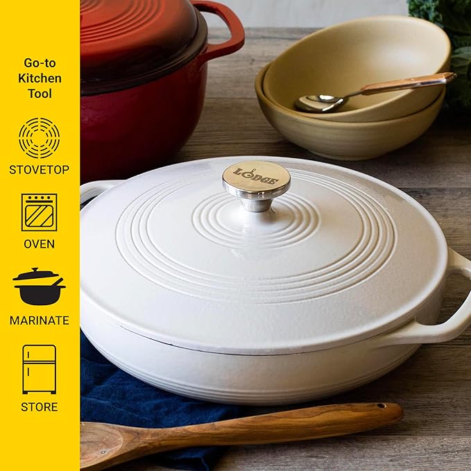 Lodge 3.6 Quart Enameled Cast Iron Oval Casserole With Lid??Dual Handles ??Oven Safe up to 500째 F or on Stovetop - Use to Marinate, Cook, Bake, Refrigerate and Serve ??Oyster White