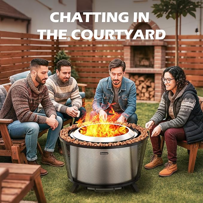 29??Large Capacity Smokeless Fire Pit for Outside,Heavy?멏uty Wood Burning Firepit with Dual?멬all Design, Mesh Shield, Pull?멟ut Ash Pan, Stylish Patio for Backyard Gatherings