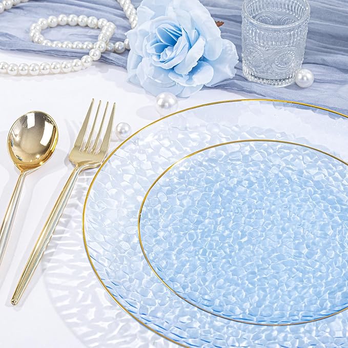 SUT 36Pcs Blue Plastic Plates, Hammered Plates Disposable Heavy Duty, Blue Disposable Plates With Gold Rim, Fancy Plastic plates Include 18 Dinner plate and 18 Dessert plate for Wedding
