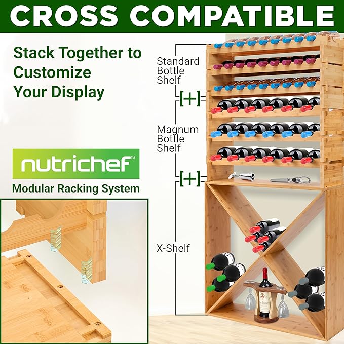 NutriChef Magnum Oversize 24 Bottle Stackable Modular Wine Rack, Upgraded 1??Thick Sideboard, .5??Rack Sticks, Sturdy Wobble Free Natural Bamboo Construction with Anti Moisture Protective Finish