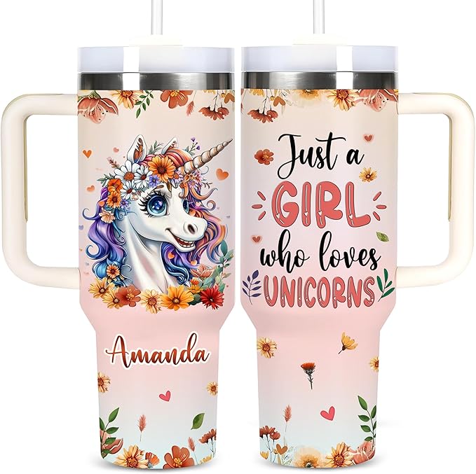 AGGLOMEKC Personalized Cute Unicorn Cup - Mother's Day Birthday Gift For Animal Lovers - Just A Girl Who Loves Unicorn Tumbler 40oz With Custom Name - Pet Lover Gifts For Women, Her