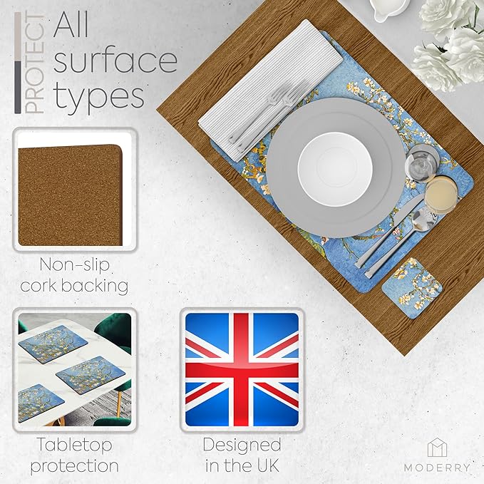 Moderry Set of 4 Heat Resistant Cork Placemats for Dining Table with Free Set of 4 Matching Drink Coasters Van Gough Blue Botanical Design 16 x 12 Inches Cork Backed Hard Placemats (Almond Blossoms)