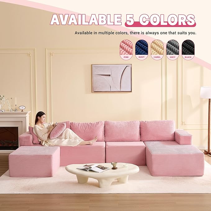 138" Boneless Couch with Deep Seat, Modular Sectional Sofa, Cloud Sectional Couch for Living Room, No Assembly Required, Corduroy, U-Shape 4 Seater Right, Pink