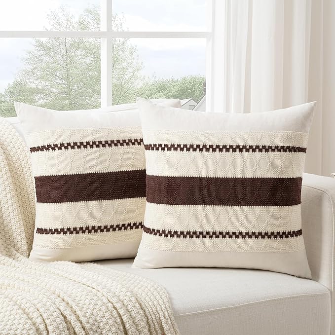 Fancy Homi Set of 2 Boho Brown Euro Decorative Throw Pillow Cover 26x26 Inch for Couch Bed Bedroom, Aesthetic Modern Organic Farmhouse Room Decor, Soft Cotton Accent Macrame Woven Cushion Case
