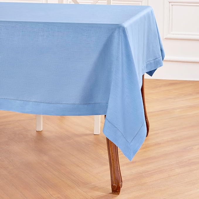 Solino Home Cornflower Blue Linen Tablecloth 60 x 90 Inch - 100% Pure Linen Hemstitch Table Cloth for Rectangle Tables - Classic Hemstitch, Machine Washable Tablecloth for Spring, Easter