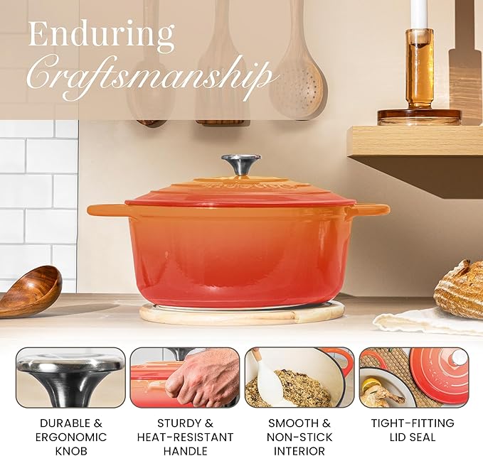 Nuovva Enamelled Cast Iron Dutch Oven Pot with Lid ??6.4 Quart Non Stick Casserole Pot ??Heavy Duty & Oven Safe up to 500째 F for Bread Baking, Braising, Stews, Roasting ??28cm Orange
