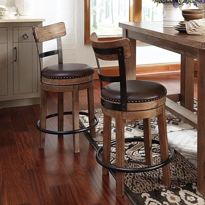 Signature Design by Ashley Pinnadel |24.25" Counter-Height Swivel Bar Stool ??Modern Farmhouse, Faux Leather, 360째 Swivel, Nailhead Trim, Rustic Light Brown