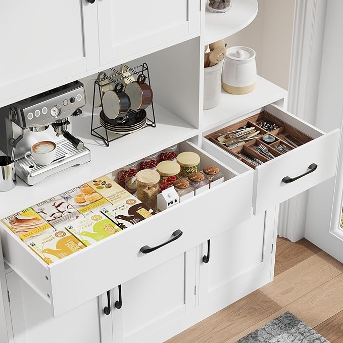 67" Kitchen Pantry Cabinet, Modern Kitchen Hutch with 5 Doors and 2 Drawers, 3-Tier External Shelf, Large Pantry Storage Cabinet with Microwave Stand for Dining Room (White)