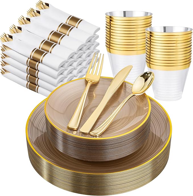 Morejoy 175PCS Clear Brown Plastic Plates - Disposable Gold Party Plates & Pre Rolled Napkins with Cutlery for 25 Guests, 50Plates, 75Silverware, 25Cups, 25Napkin for Party & Christmas