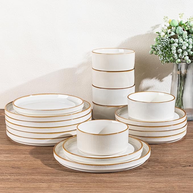 GBHOME Stoneware Dinnerware Sets for 8, Round Reactive Glaze Ceramic Plates and Bowls Set, Highly Scratch Resistant | Dishwasher & Microwave Safe Set竊똕ervice for 8竊?4pcs),Pearl White
