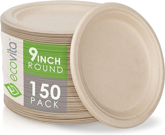 Ecovita 100% Compostable Paper Plates [9 in.] ??150 Disposable Plates Eco Friendly Sturdy Tree Free Liquid and Heat Resistant Alternative to Plastic or Paper Plates